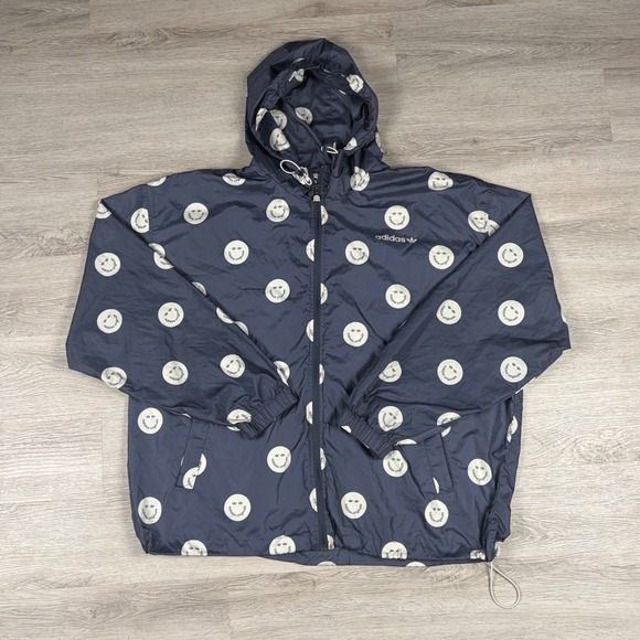 adidas Other - Adidas Windbreaker Mens 2XL Navy Blue Smiley Face Trefoil Full Zip Hooded Jacket